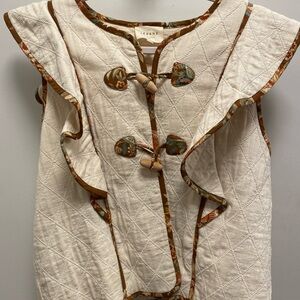 Sezane Cream Quilted Vest with Brown Accents